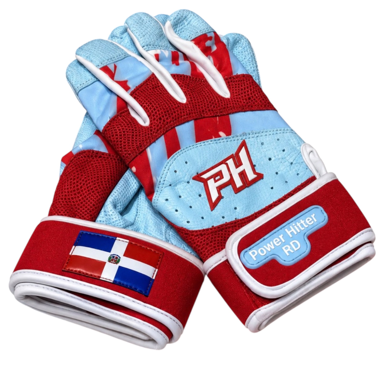 Guantillas M Powerhitter Doble Strap Azul Cielo con rojo y blanco